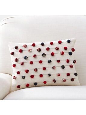 Pottery Barn Cream Pillow Cover with Red and Navy Pom Dots